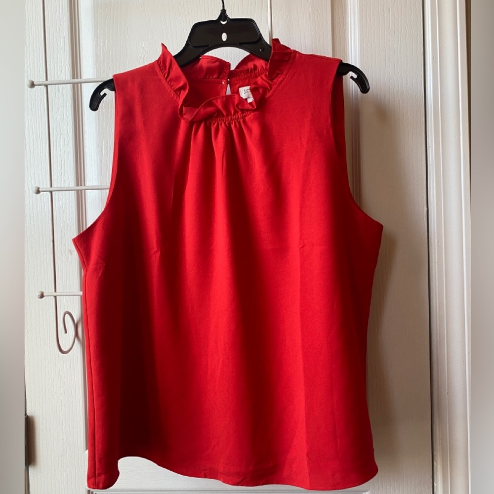 J. Crew red sleeveless ruffle neck shirt.